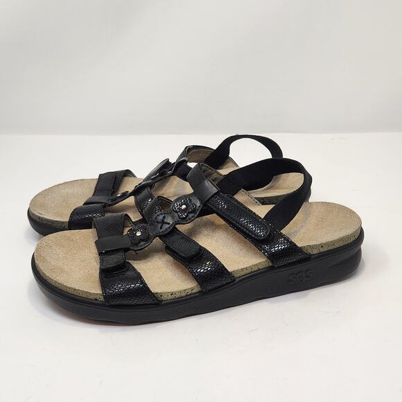 SAS Women Slingback Black Leather Snake Print Sandals Size 6.5 M Comfort Shoes - Picture 4 of 9